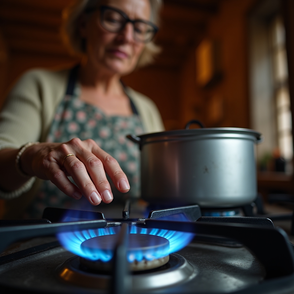 Farmhouse kitchen stove burning blue biogas flame supplied from a farm digester