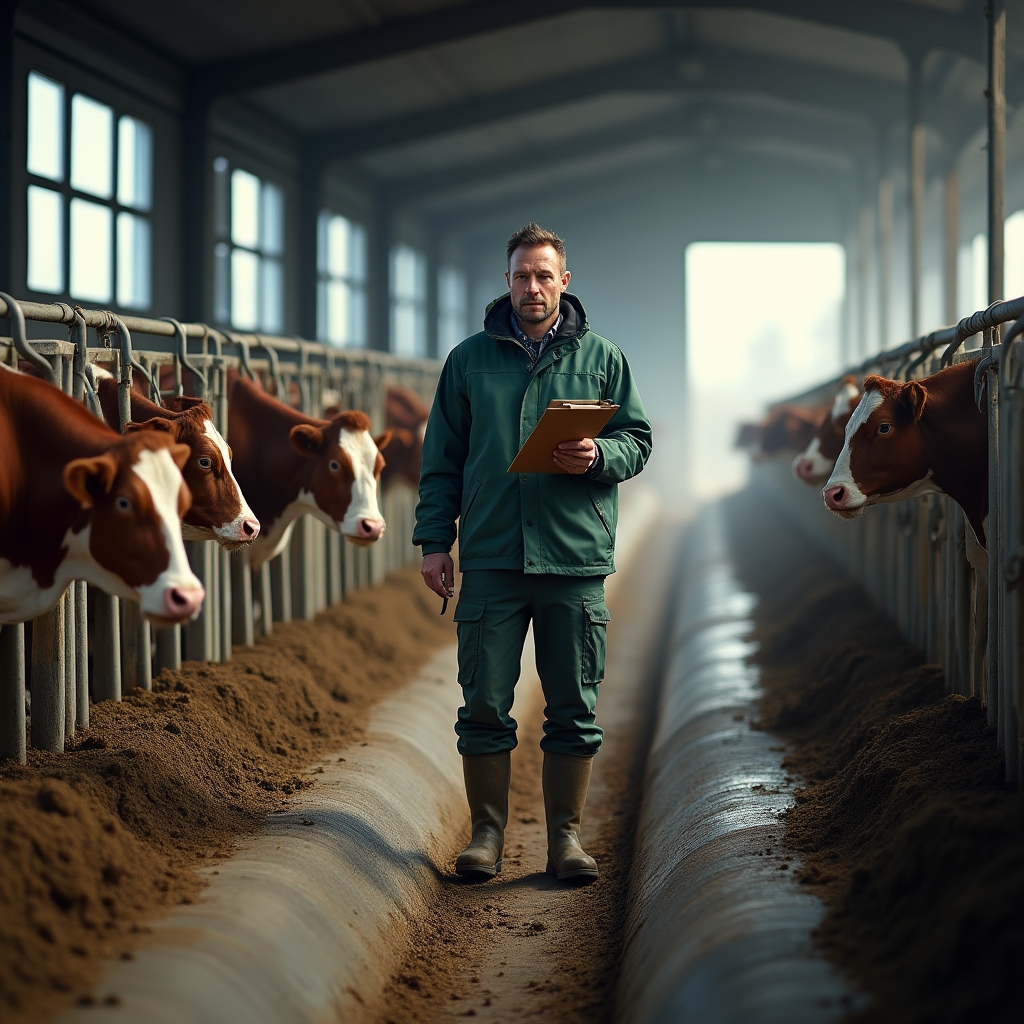 Interior of a Polish dairy barn housing around thirty cattle with a manure collection channel