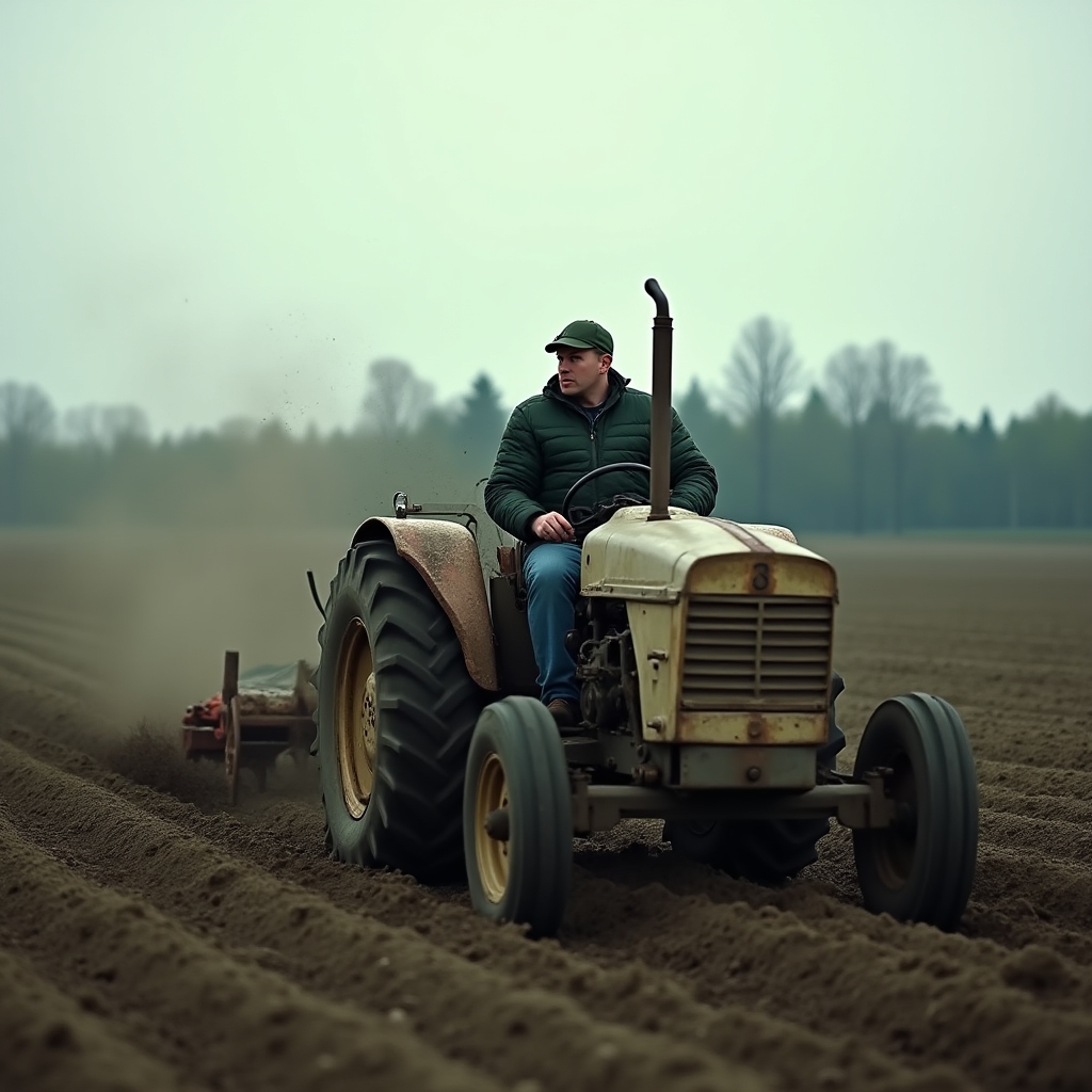 Farmer spreading digestate fertiliser across a field using a tractor and tank spreader