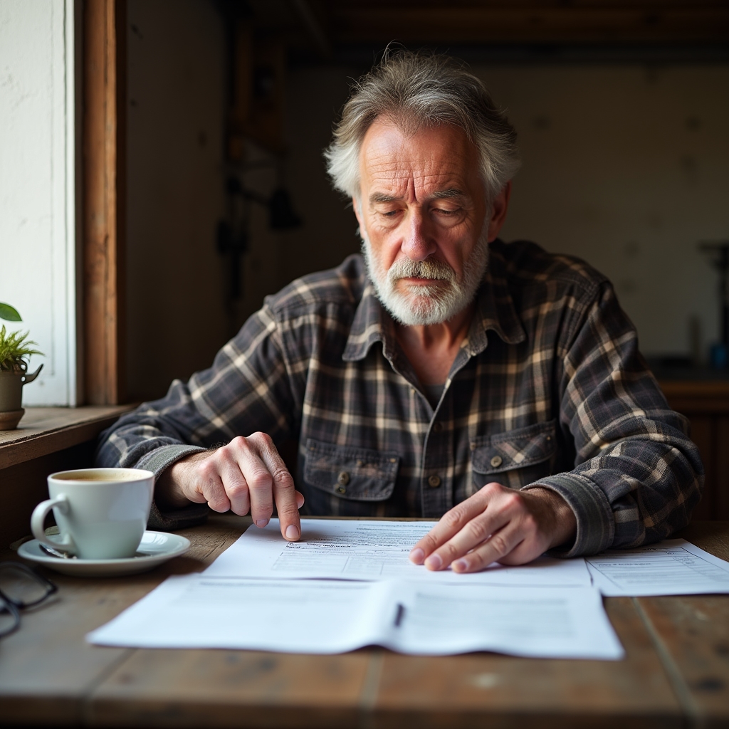 Farmer reviewing agricultural subsidy paperwork at a kitchen table
