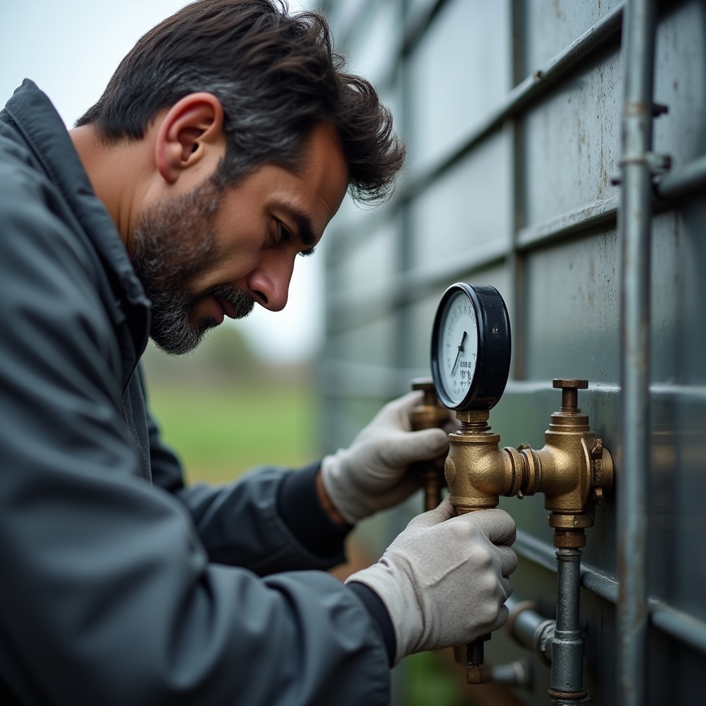 Technician checking pressure gauges and valves on a small farm biogas installation