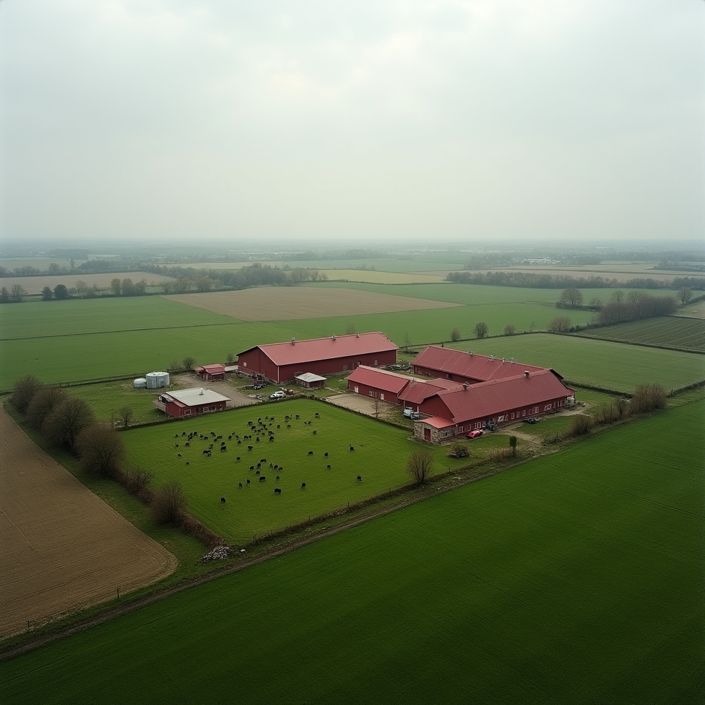 Wide view of a Polish livestock farm with fields and farm buildings under an overcast sky
